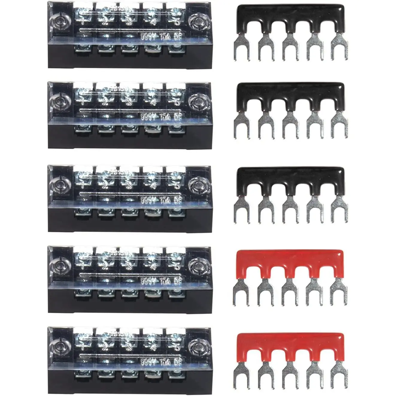 Terminal Block and Strip - 10 count (5 Sets) 5 Positions Dual Row 600V 15A Screw Terminal Strip Blocks with Cover + 400V 15A 5 Positions Pre-Insulated Terminals Barrier Strip (Black & Red)