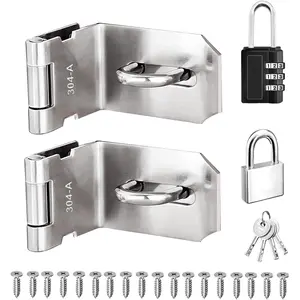 4 Inch Stainless Steel Hasp Latch 90  2 Pack Heavy Duty Gate Latch Lock with Combo Lock & Padlock 304 Steel 2mm Thick Includes Mounting Screws