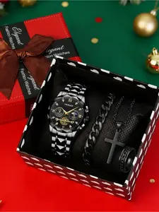 4-piece set of men's business elite gifts, Korean version casual quartz strap necklace bracelet ring, Christmas holiday gift perfect item, Fashion Watch Set