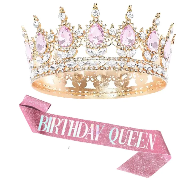 Rhinestone Birthday Party Set, Gold Crown Headpiece, Elegant Crown Design, Girls' Dress Belt, Women's Happy Birthday Hair Accessory, Celebration Gift Decorations, Birthday Crowns