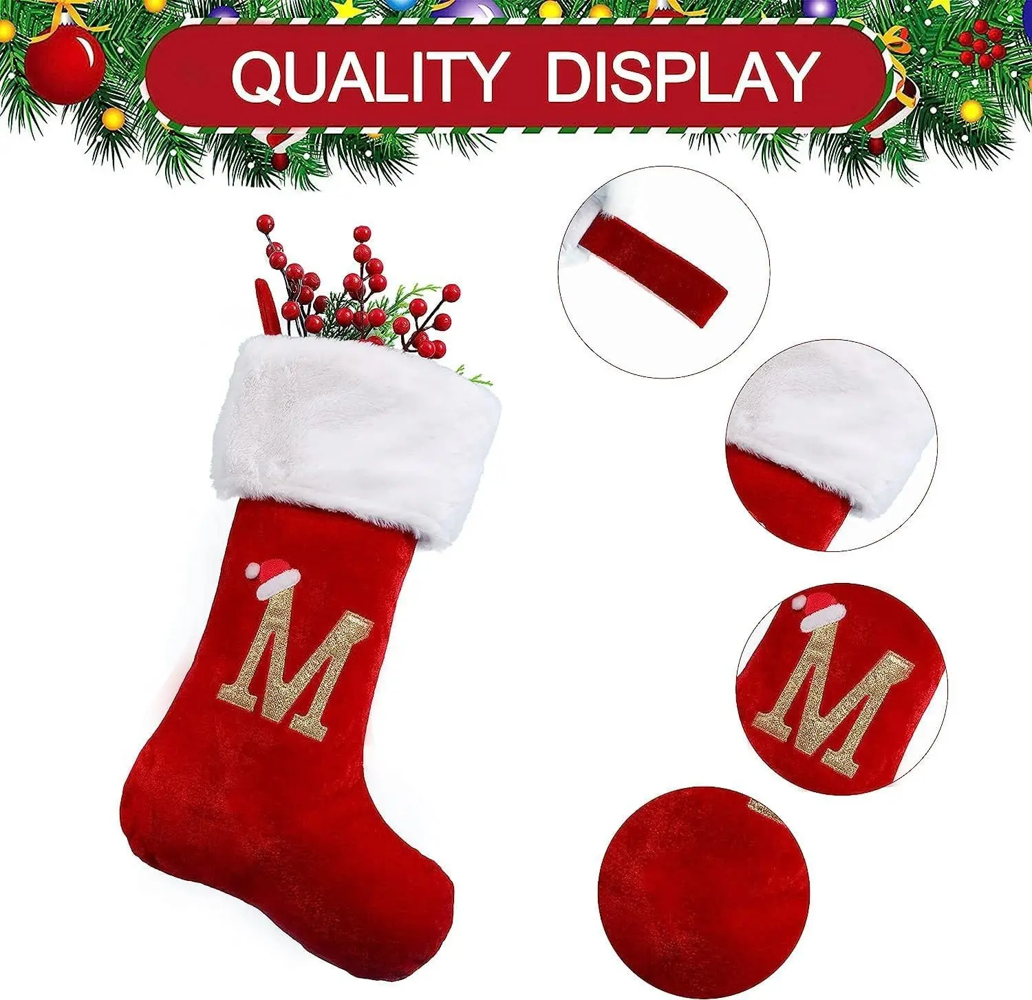 20 Inches Monogram Christmas Stockings with Initial Embroidered Letters Red Personalized Large Soft Decorations for Holiday Xmas Season Gift Decor (C)