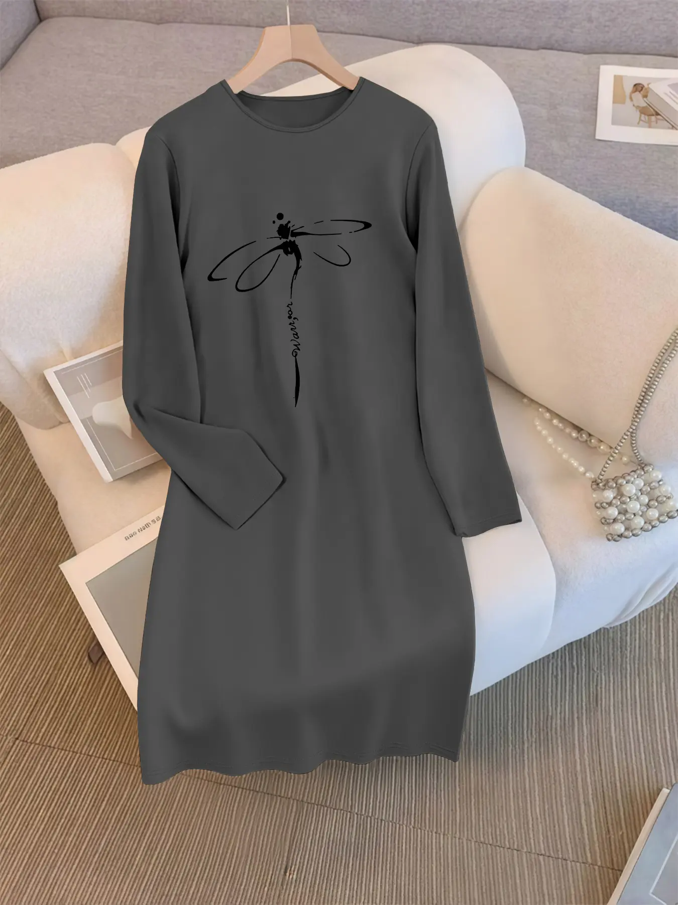 Women's Long Sleeve Dress with Dragonfly Print, Casual Elegant Style, Perfect for Work and Vacation, Comfortable Medium-Length Dress