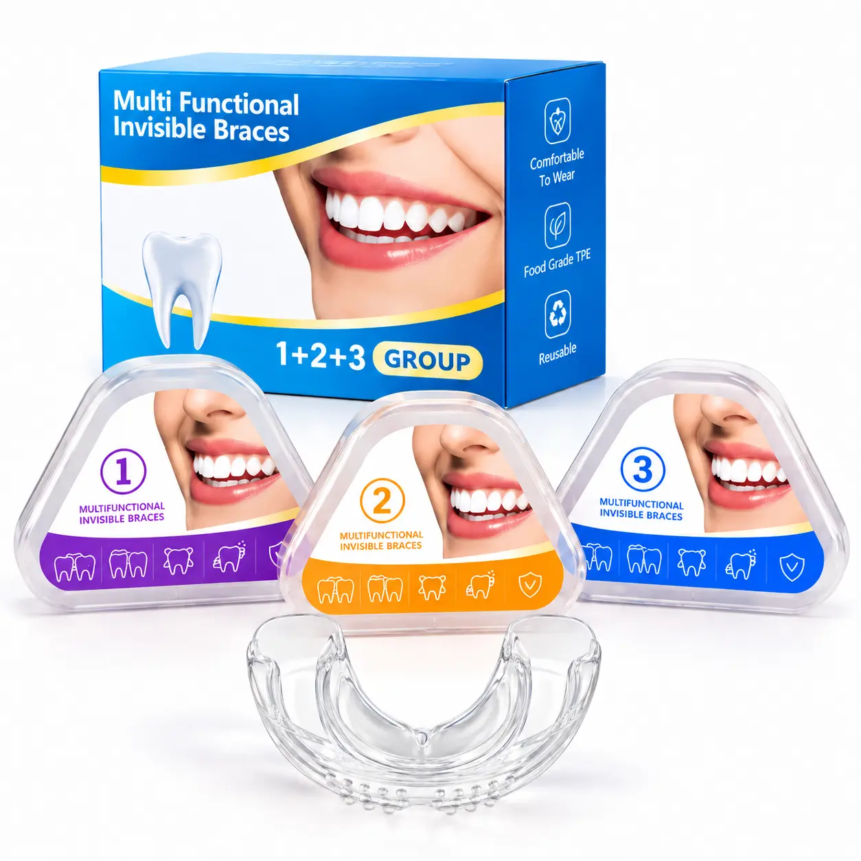 3 Stage Dental Trainer Mouthguard, Invisible Teeth Trainer with Soft Medium Firm Levels, Reusable Clear Mouthpiece with Storage Case for Daily Oral Care