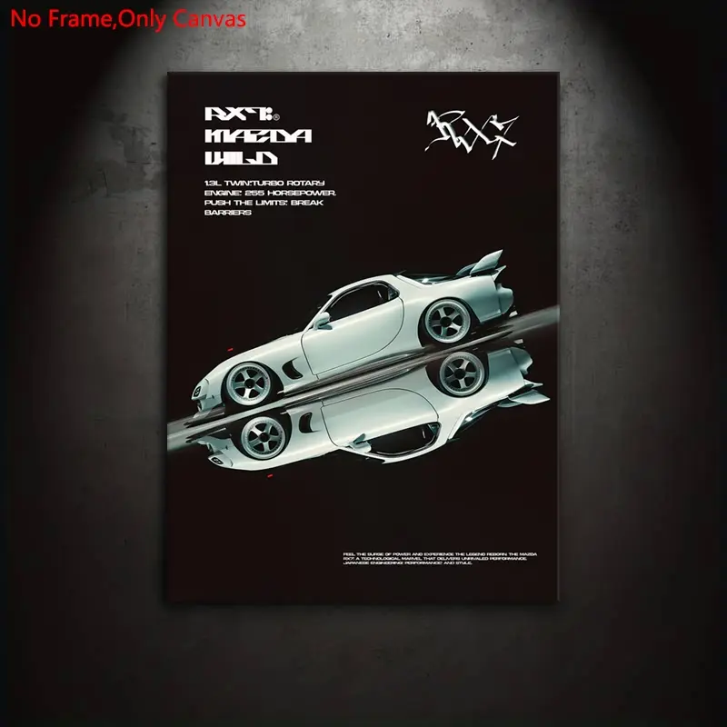 1 set of frameless, Unframed art print, canvas painting print posters, classic minimalist vehicle art, Modern cool design, Japanese sports car Mazda RX7, perfect gift for JDM vintage car enthusiasts, ideal for home, wall decor
