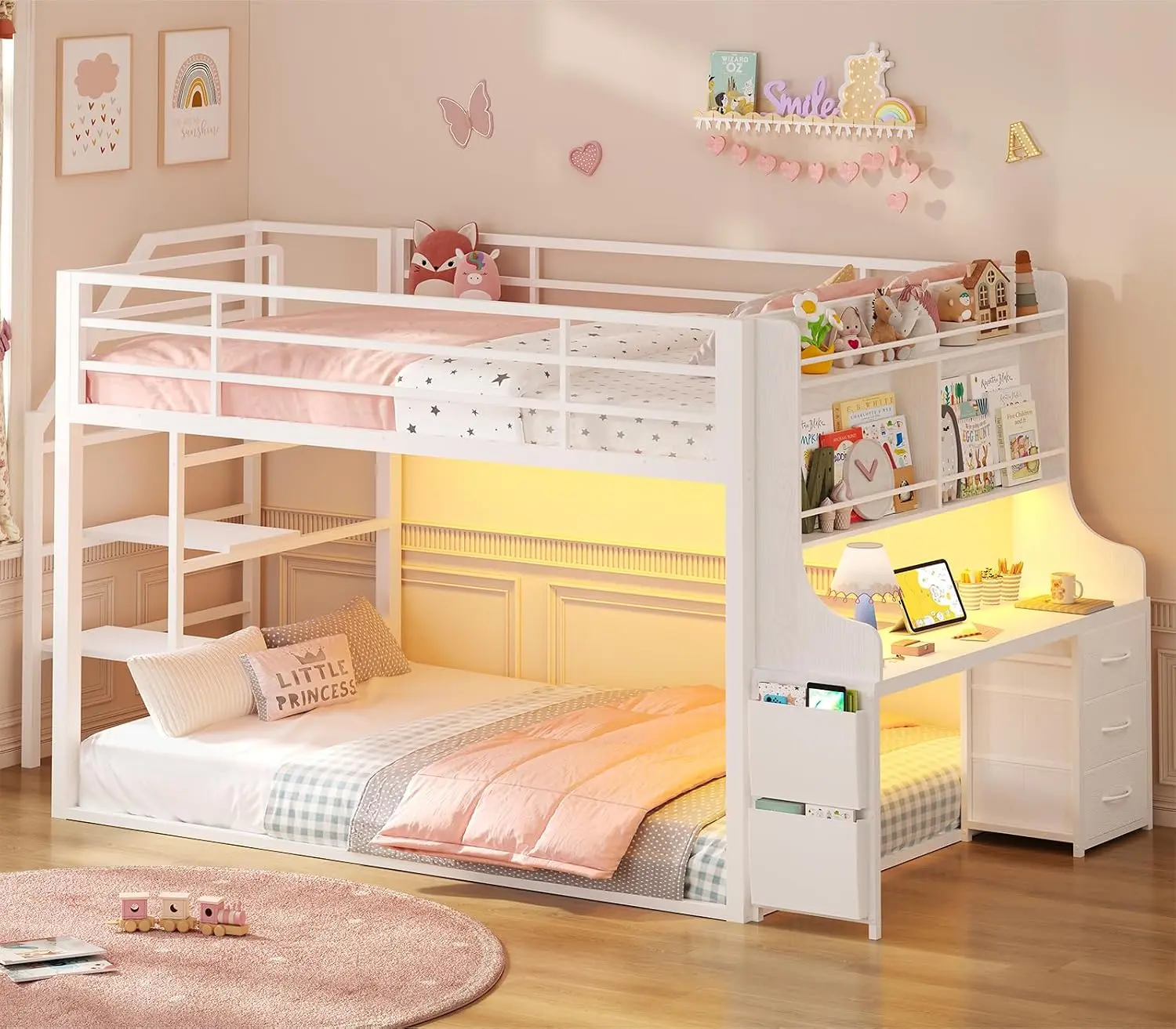ADORNEVE Low Bunk Bed Twin Over Twin with Desk & Wide Staircase, White | Built-in Bookshelf & 3 Storage Drawers, Metal Floor Bunk with RGB Lights & Charging Station , High Guardrail , Space-Saving