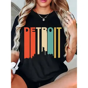 Women's Detroit Retro Color City Skyline Graphic T-Shirt Casual Streetwear for Daily & City Outings 100% Cotton T-shirt