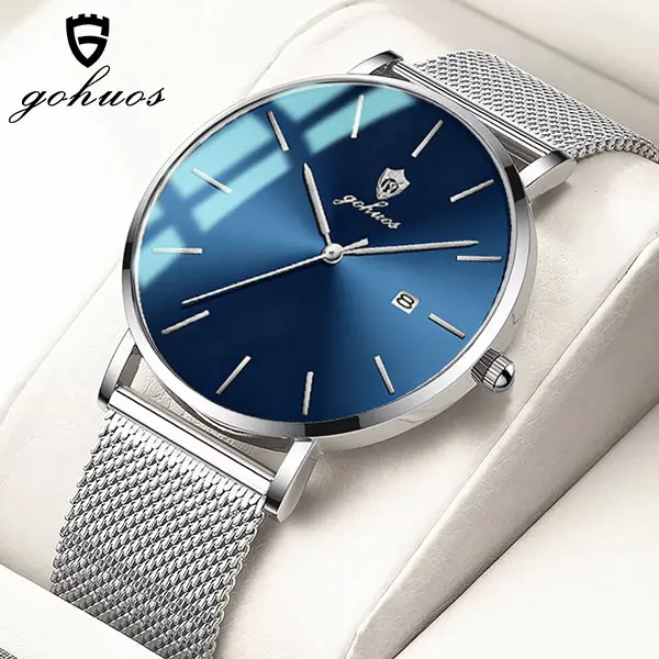 GOHUOS Men's Business Casual Quartz Watch - Original Movement, Stainless Steel, Ultra-Thin, Waterproof, Casual Round Dial Silver-Blue Men's Watch, Men's Watches