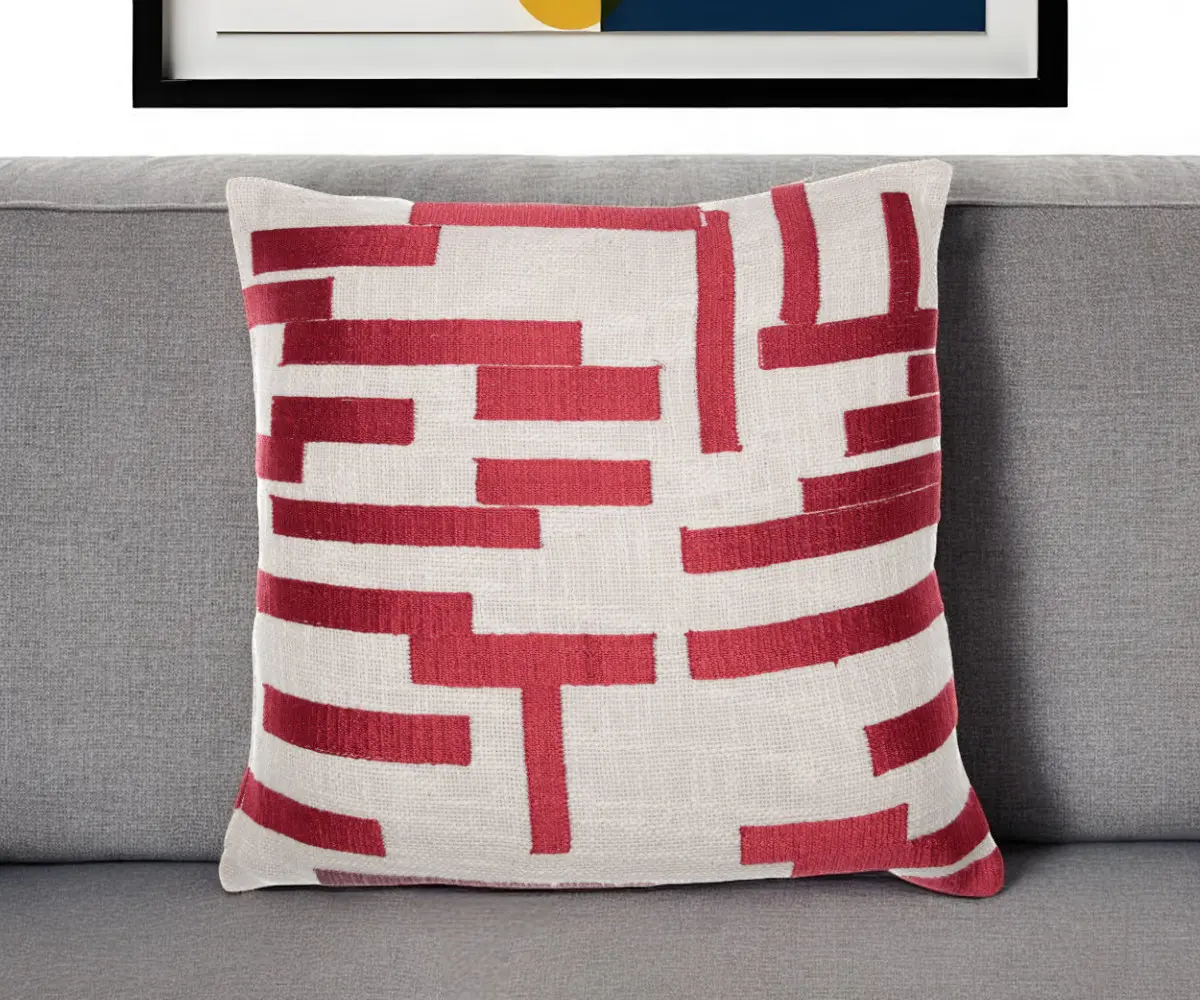 HomeRoots 24 in. Red & Ivory Geometric Cotton Blend Embroidered Square Cushion, Decorative Throw Pillow