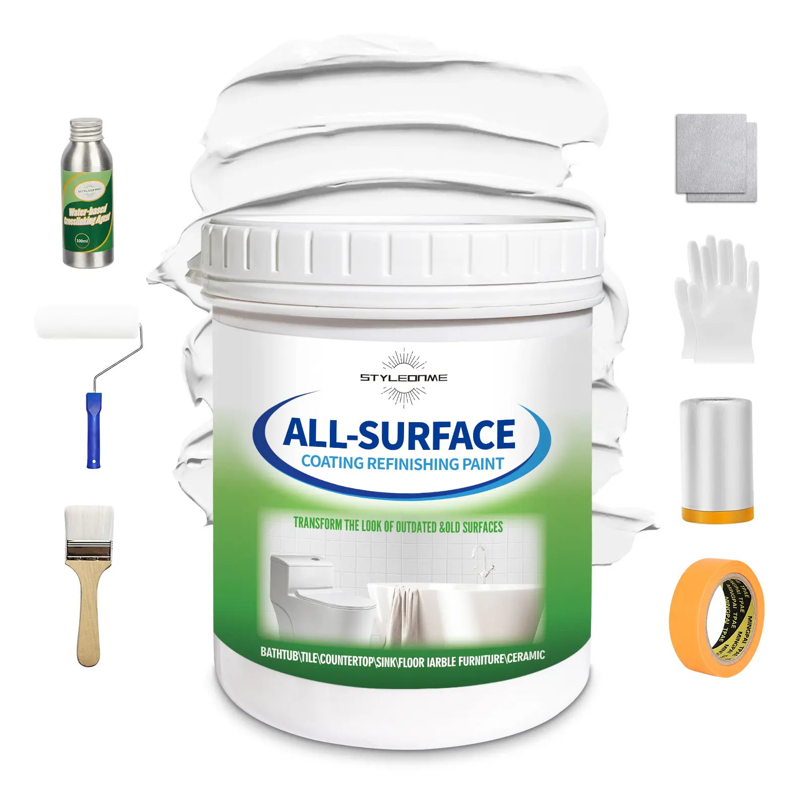 Tub and Tile Paint White, 50-60sq.ft, Bathtub Washbasin Toilet Ceramic Tile and Kitchen Countertop Refinishing, Odorless and Non-Toxic Heavy Glaze Epoxy Resin Coating