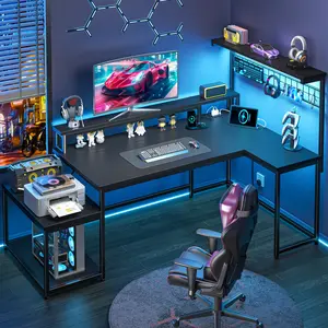 Raybee L-Shaped Gaming Desk with Led Light,Computer Desks with Power Cord & Outlets,Monitor Stand, PC Case Storage Shelf,Printer Stand,Wood Desktop