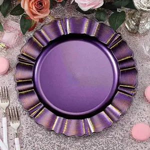 6-Pack Acrylic Plastic Round Charger Plates 13" in Purple with Gold Brushed Wavy Scalloped Rim, Decorative Dinner Party Charger Tableware