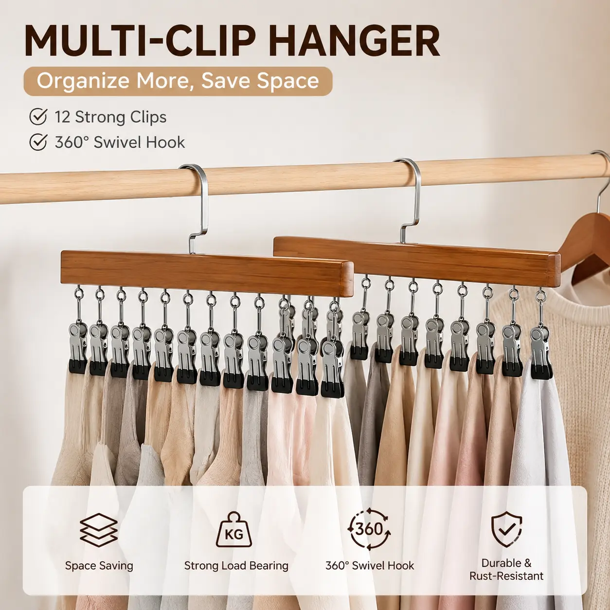 2 Pack Closet Organizer with 12 Clips, Space Saving Hangers for Clothes, Hanging Closet Organizers and Storage, Wooden Socks Hats Pants Hangers with Clips for Small Room Organization