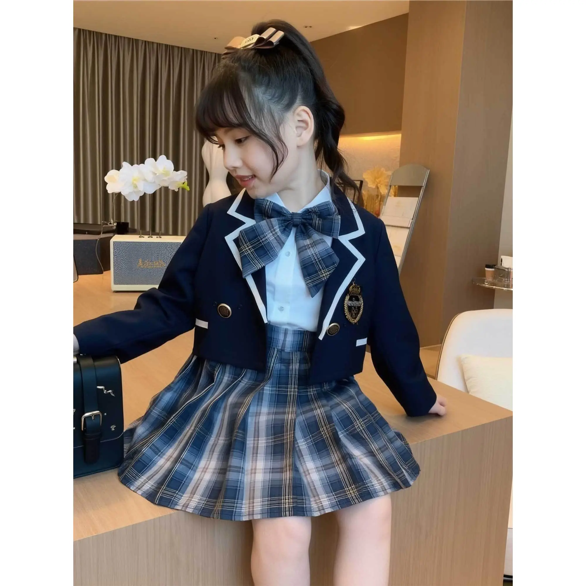 Girls' 3pcs School Uniform Set - Khaki Trimmed Plaid Pleated Skirt & Bow-Tie Jacket with Shirt |       Classic Collar Long Sleeve Outfit |       Non-Stretch/Fall |       to Early Childhood Education |       JK Uniform Young Girls ( to Young Children)