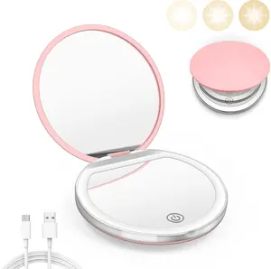 Roseus Compact Light, 1X/3X Magnification LED Pocket USB DataCable,Mini for Purse, Pocket,Travel and Present (Pink orWhite) Mirror with