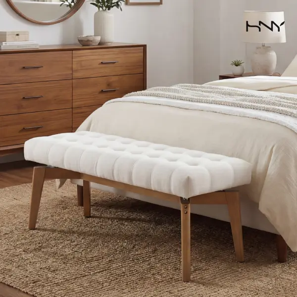 【SummerWins】HNY 45.5" Modern Tufted Entryway Bench, Sherpa Upholstered Wood Floating Design Ottoman Bench Seats for Bedroom, Window, Living Room Indoor Hallway,White