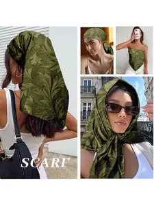 Women's Vintage Green Leaf Jacquard Square Scarf - Lightweight Faux Silk Headscarf, Beach Cover-Up, Festival Accessory, Fashionable Head and Neck Scarf, Travel Vacation Essential, Bohemian Style Outfit for Spring Parties