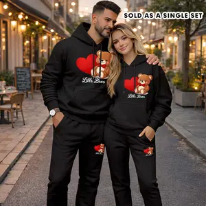 Couple's Bear Heartbeat Print Hooded Sweatshirt and Drawstring Sweatpants Set (Sold as a Single Set), Casual Sportswear, Long-Sleeve Hooded Jacket and Pants, Suitable for Autumn, Winter, and Spring, Everyday Wear, Tracksuit, Casual Athletic Wear