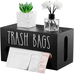 Trash Bag Dispenser Wooden Garbage Bag Holder Black Fits Most Standard Sizes Wall Mount or Countertop Kitchen Storage Organization Classic Design