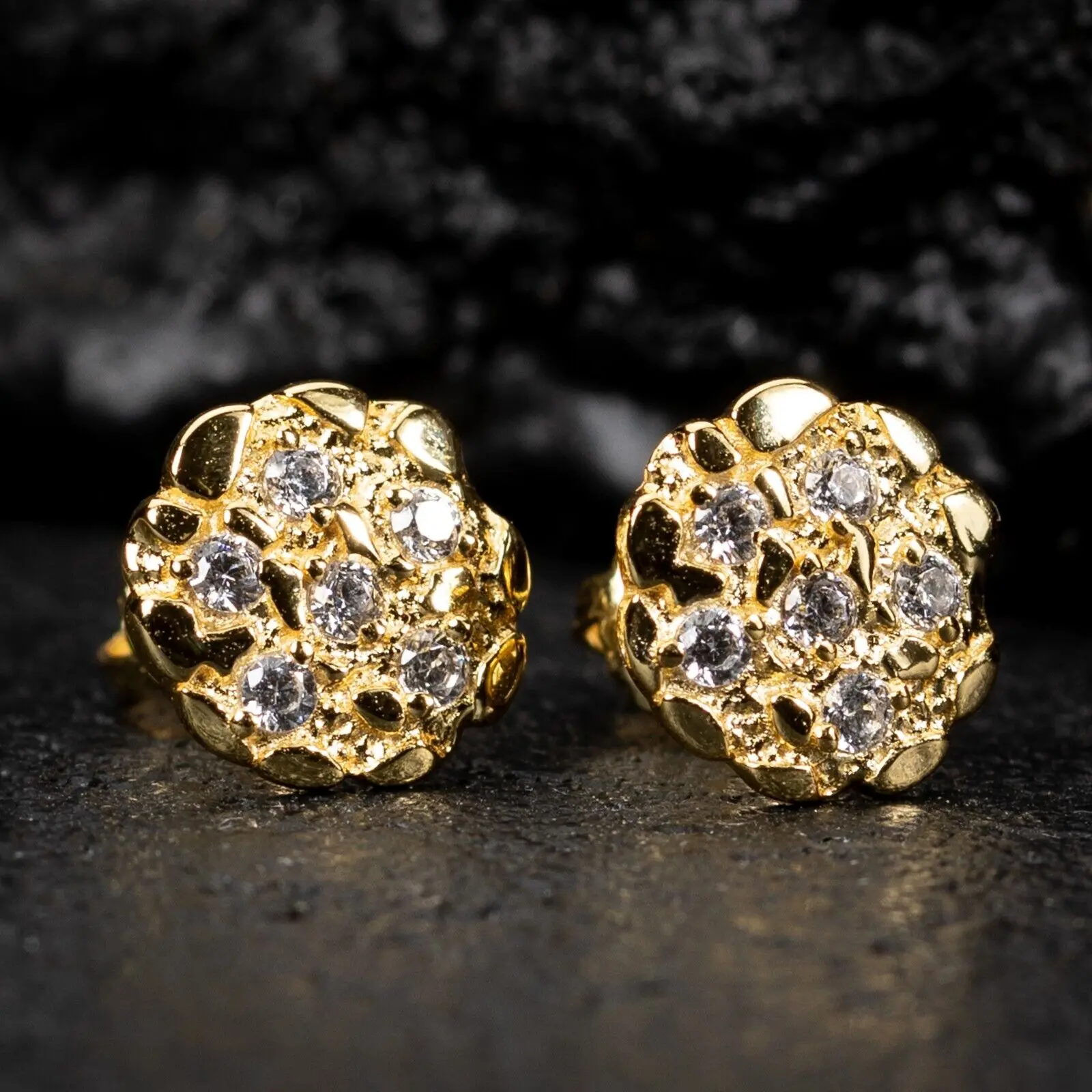 MaxBling81 14K Gold Plated Brass Golden Nugget Stud Earrings, Cubic Zirconia Accents, Unisex, 4 Sizes (12mm,14mm,16mm,20mm), High Quality Polished - Men's Accessories, Accessories for Women, Earring for Women