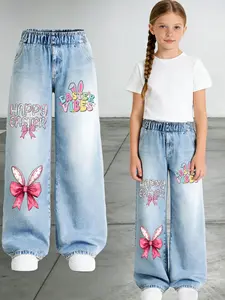 Easter Girls Cartoon Rabbit Print Jeans, Casual Fitted Denim Jeans, Easter Gift, Kids Clothing, Ages 4-14, Girl Fashion, Cartoon Print Pants, Graphic Pants
