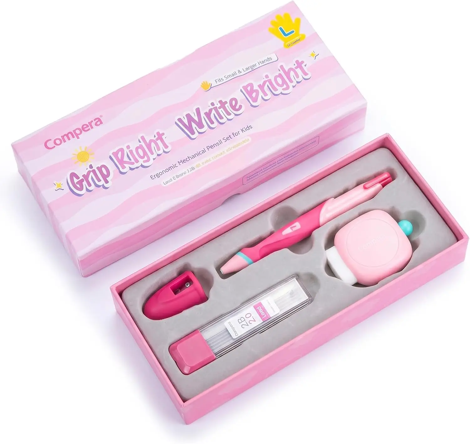 Ergonomic Pencil Set, 2.0mm HB Mechanical Pencils for Kids, School Supplies Include Sharpener, Eraser & 6 Extra Leads – Handwriting Aid for Preschool, Kindergarten, Homes, Pink, L