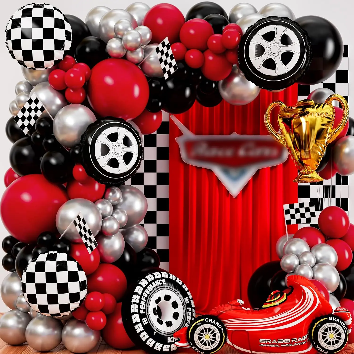 Race Car Balloon Arch Kit with BONUS Trophy & RaceCar - Cars Balloon Garland Kit for Race Car Theme Birthday Party Supplies & Hot Wheels Balloons Race Cars Decorations