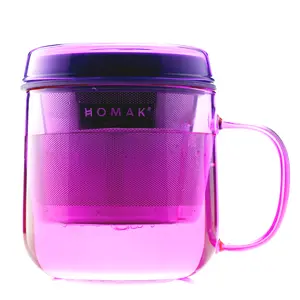 Tea/Coffee Glass Mug with Stainless Steel Infuser and Lid, Double-Layer Strainer, for Loose Tea or Coffee Powder - Heatable,Large (420ml / 14oz) (Single Walled Glass,  Purple/Black)