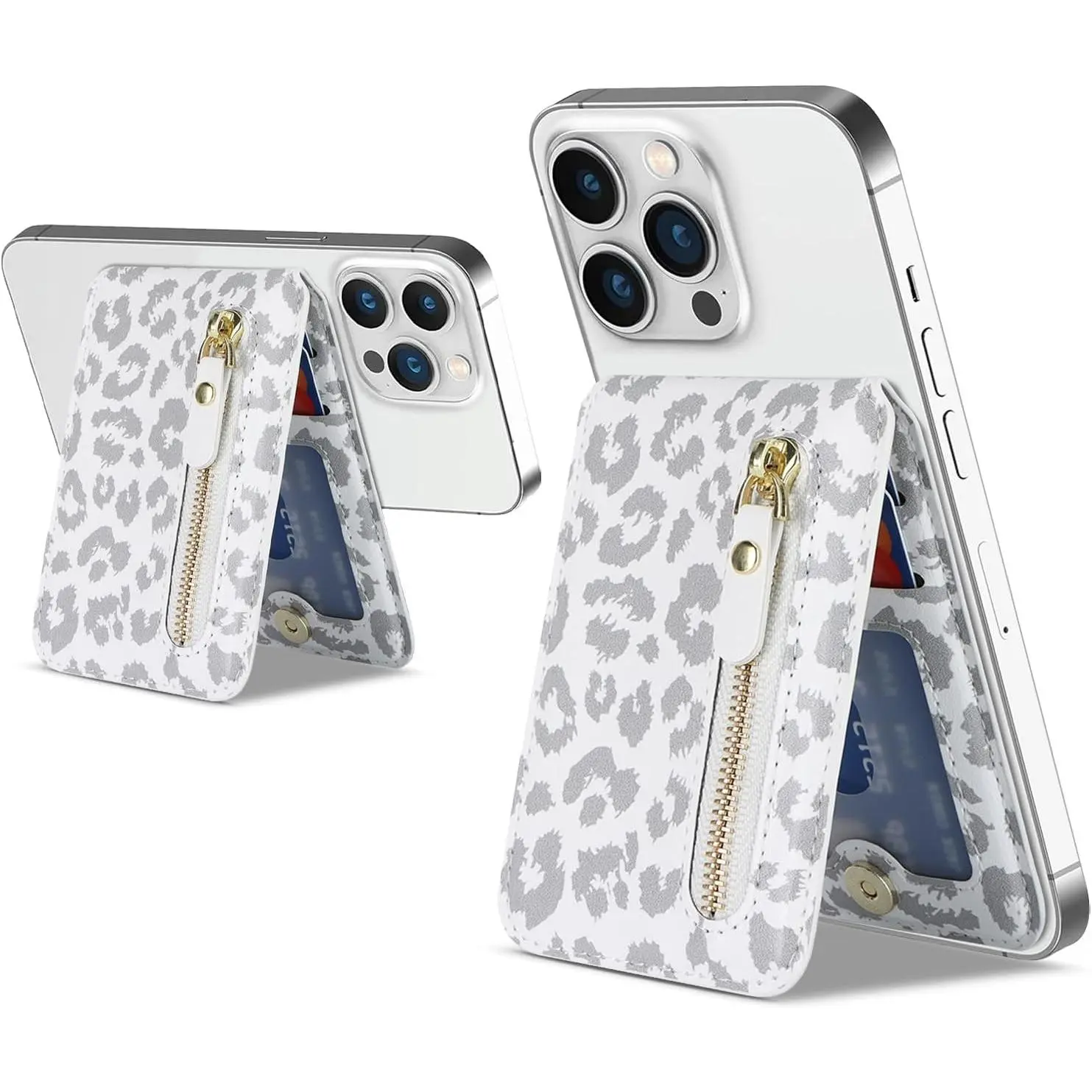 Vegan Synthetic MagSafe Magnetic Snap Card Holder Wallet with Adjustable Kickstand, Zipper Pocket, Phone Accessories for iPhone 16 Pro Max/15/14 Plus/13/12 - White, Secure Fit