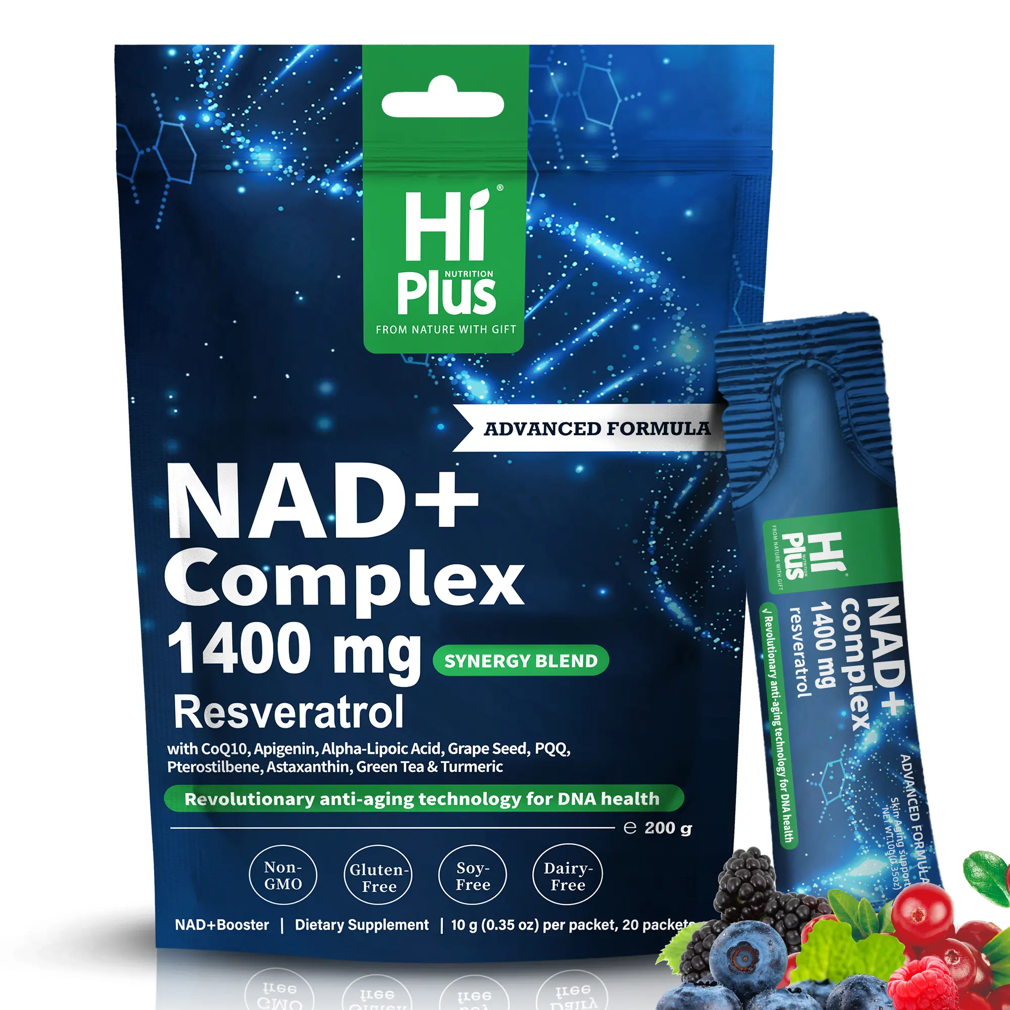 HiPlus NAD Dietary Liquid Vitamin Drink, 1400mg Urolithin A Extra Strength Liposomal Berry Flavor, Green Tea, Astaxanthin, Resveratrol, CoQ10, Alpha Lipoic Acid - Daily Dietary Vitamins, Antioxidant Rich Blend Supplement for Men & Women (20 Pockets)