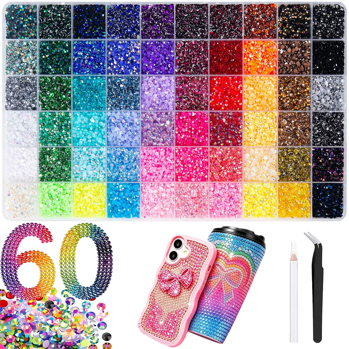 28/40/60 Color 3mm Jelly Rhinestones Multicolor Resin Flatback Gems with Kit Tools for Diamond Art Bedazzling Jewelry Crafting Book Shoes Nail Art