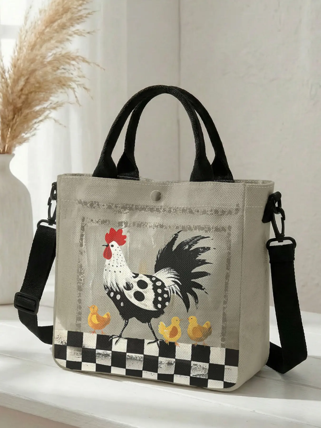 1 piece of 2D printed fashion crossbody bag with rooster and chick pattern, adjustable shoulder strap + snap closure | students/workforce/street outings | a street essential with both aesthetic appeal and practicality