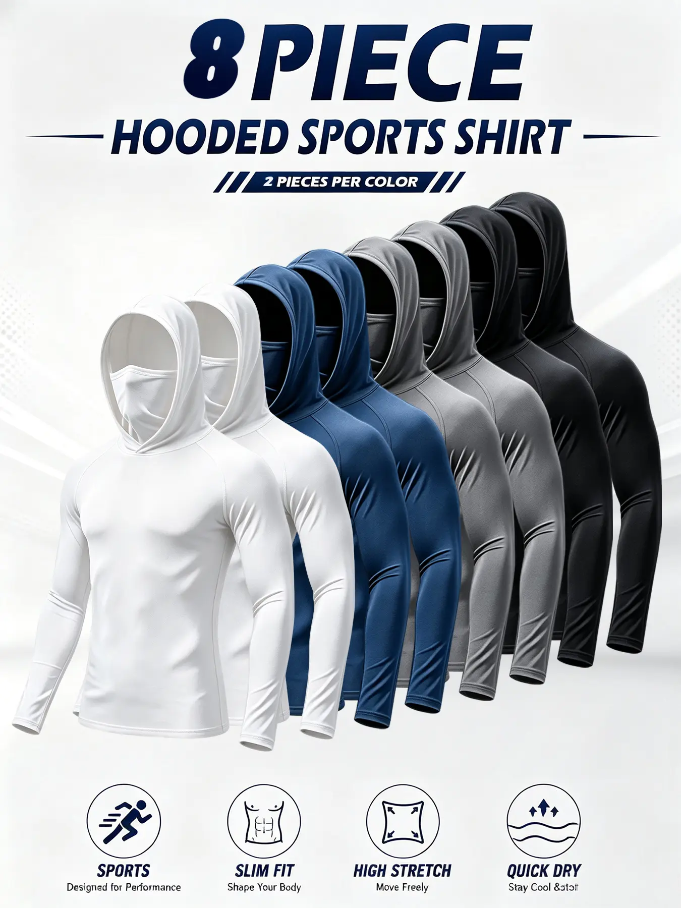 Men’s Minimalist Polyester Slim Fit Plain All-Seasons Performance Hoodies (3/4/6/8-Pack) - Lightweight Long-Sleeve Athletic Tops with UPF 50+ Sun Protection, Moisture-Wicking, Breathable, Quick Dry, Built-In Mask, Machine Washable for Outdoor Workouts