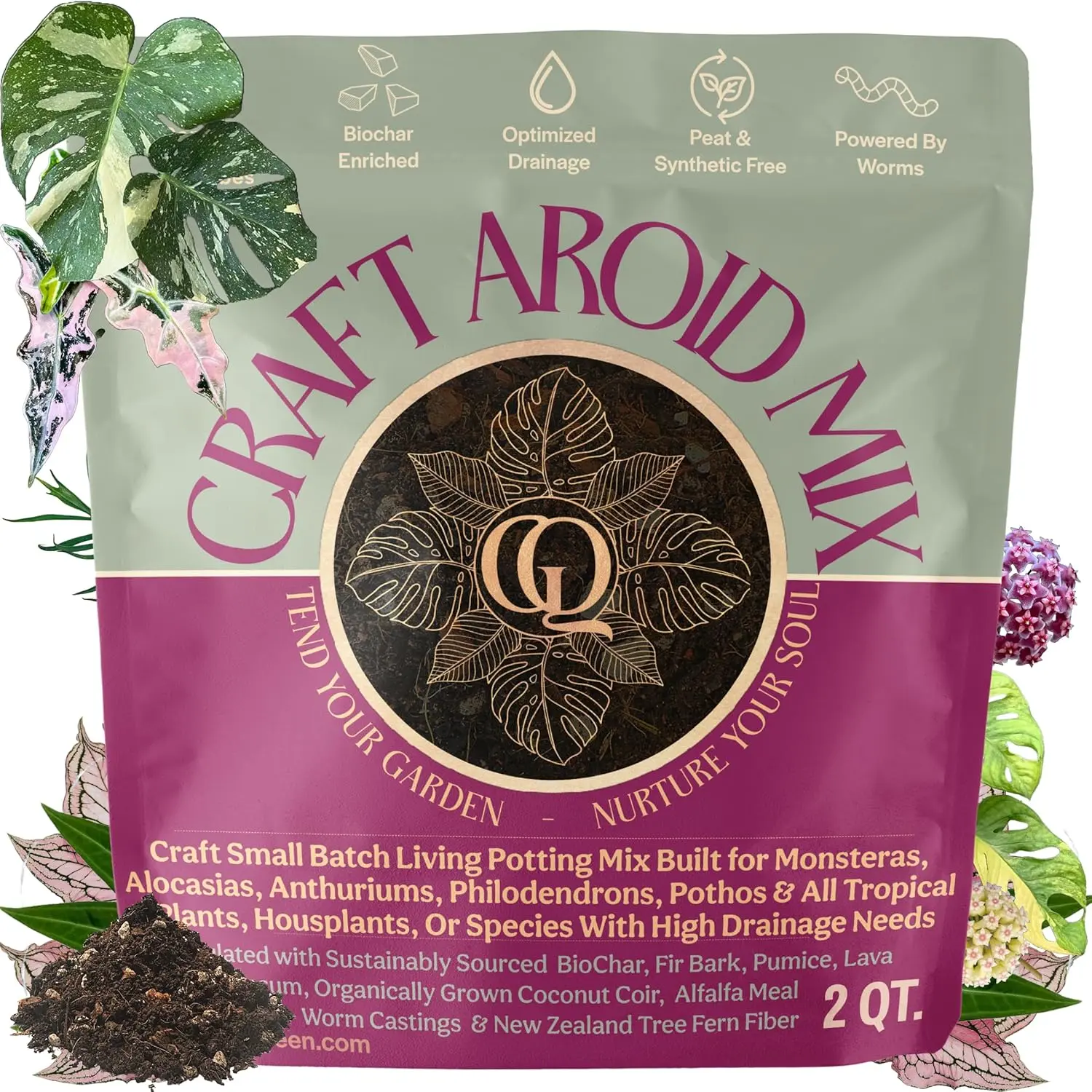 Craft Aroid Potting Mix - 2 QT Peat-Free, Synthetic-Free Chunky Soil with Optimized Drainage for Indoor Tropical Houseplants like Alocasia, Philodendron, Monstera