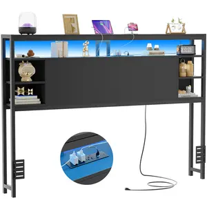 iSunirm Height-adjustable headboard for Full/Queen/King size bed frame with Outlets, USB Ports and LED Light, Leather Head Board with Storage, Comfortable Headboard