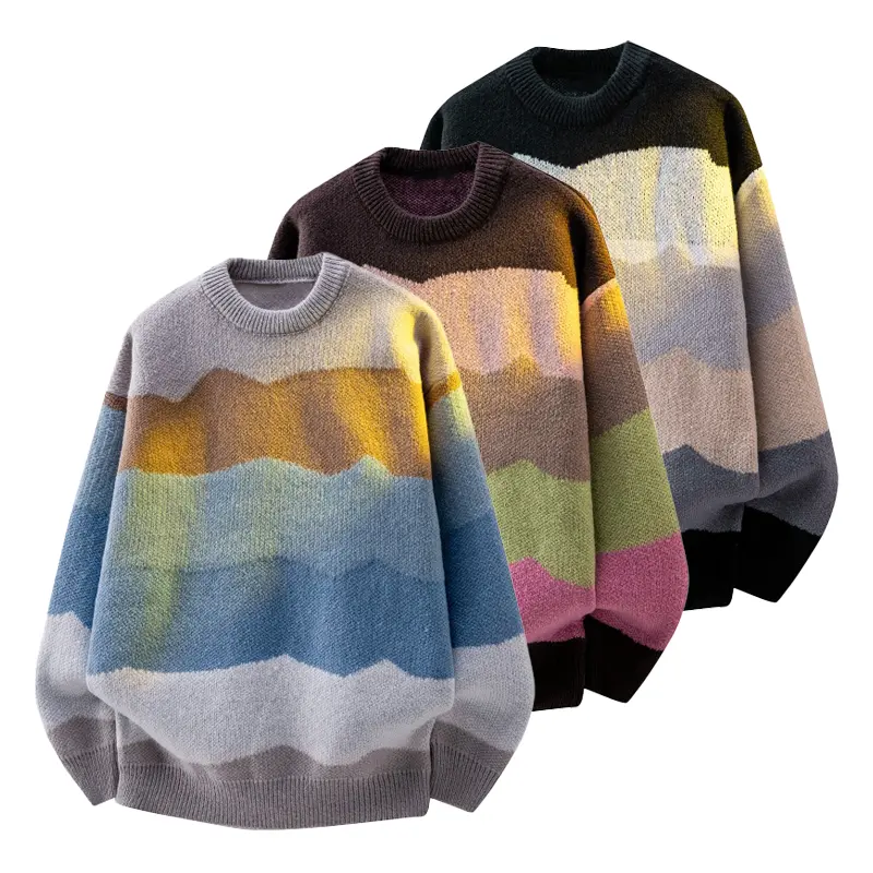 Colorblock striped print drop shoulder sweater, casual soft long sleeve crew neck sweater for autumn and winter, everyday fashion knitwear, unisex, men's long sleeve sweater with stylish design crew neck sweater for men, versatile simple loose striped bas