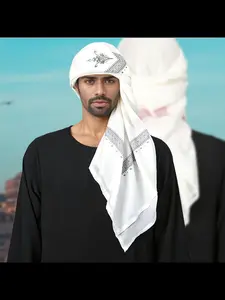 Arabic Dubai Saudi Men's Headscarf, Middle Eastern Ethnic Wrap Square Scarf, Four-Sided Print, Traditional Muslim Accessory