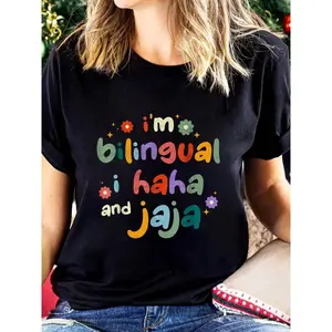Unisex Super Soft Cotton Shortsleeve T-Shirt - Bilingual "I'm Bilingual Haha And Jaja" Print, Round Neck Loose-Fit Streetwear Clothes, Spring Summer Sports Outdoor Casual Apparel