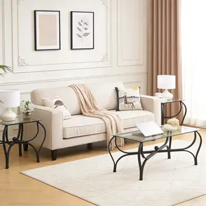 Clearance Sale!Tempered Glass Surface 3-Piece Coffee Table Set Decor Rectangle Coffee Table with 2 Square End Side Table Unique Design Coffee Table with Sturdy Construction for Living Room (Rustic Black)