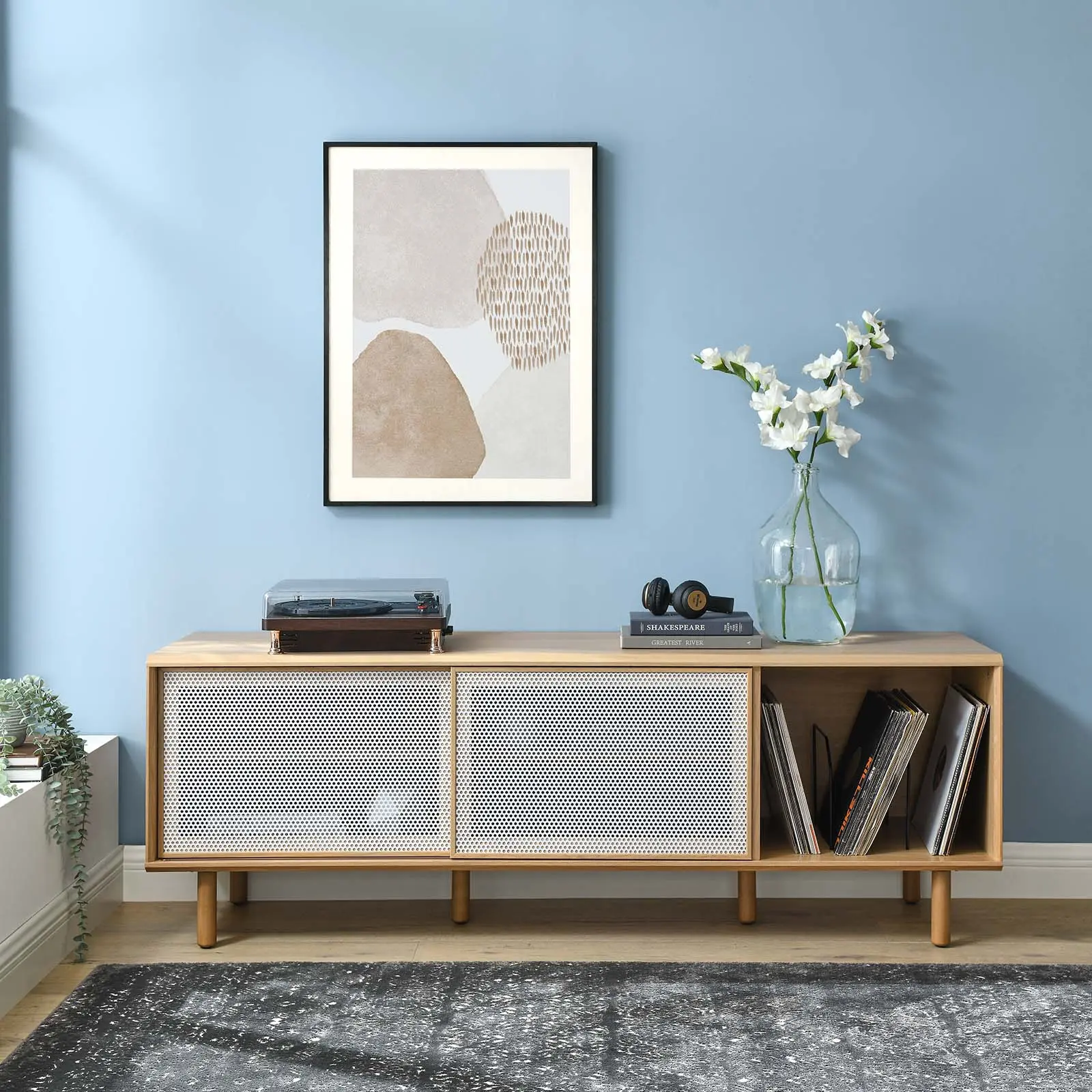 Modway Kurtis 67" TV and Vinyl Record Stand in Oak, Tv Console Table, Tv Shelf