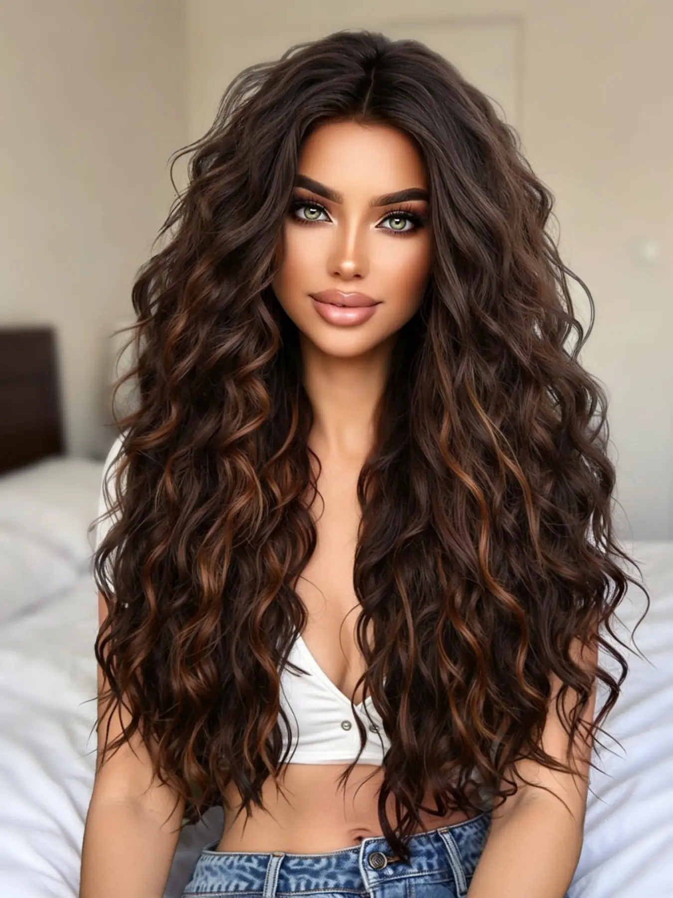 22-Inch Deep Caramel Highlights Long Curly Wig, Natural Synthetic Fiber, Heat-Resistant, Perfect for Daily Wear and Halloween Parties