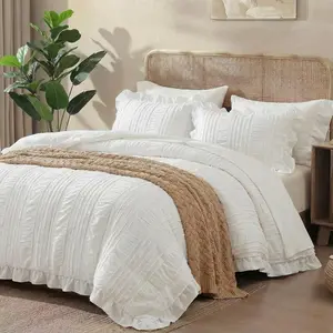 White Ruffle Comforter Set  Size Shabby Chic Boho Bedding Set 3 count Soft Seersucker Comforter Set for Bedroom White Striped Textured   Bedding Set for  Seasons
