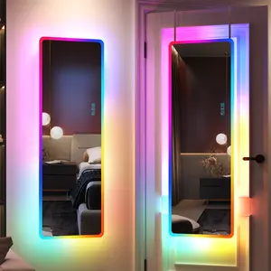 Full Length Mirror with LED Lights, RGB Full Body Mirror, Wall Mounted Lighted Mirror, Over The Door Hanging Mirror, 14 LED Light + Dimmable Brightness + Adjustable Speed, 47" x 16"