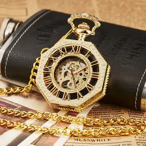 Hollow Pocket Watch Engraved Octagonal Mechanical Pocket Watch Retro Roman Blue