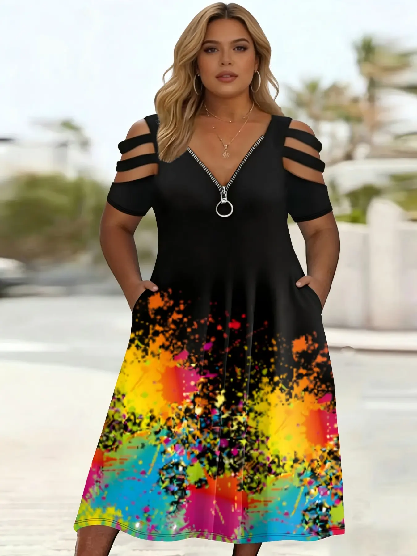 Summer Plus Size Dress, Casual Sleeveless Dress, Colorful Ink Print, V Neck Zipper, Shoulderless Design, Practical Pockets, Casual Fashion Style for Women, Casual Fashionable Dress, Womenswear