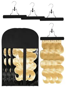 3 count Hair Extension Storage Bag, Hair Extensions Holder with Hanger, 11.4 * 23.6 inches, Portable Wig Bags Storage with Transparent Zipper Closure (Black)