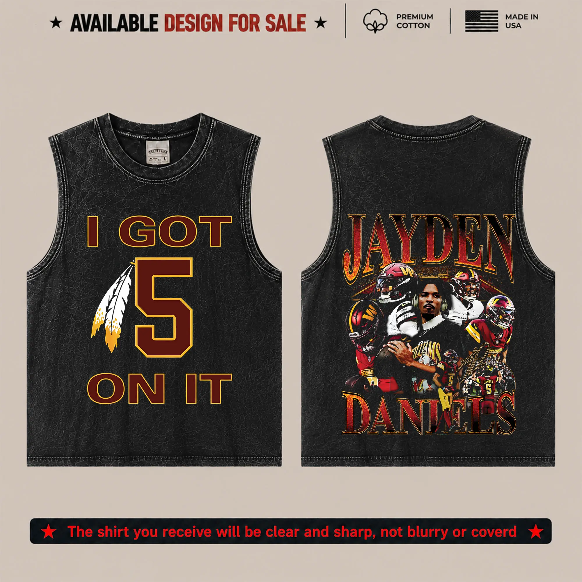 Jayden Daniels 'I Got 5 On It' Graphic Premium Acid Washed Tank Top T-Shirt, Burgundy and Gold Apparel, Commanders Fans Football Streetwear Tee, Gift For Football Fan Graphic Tee T-Shirt