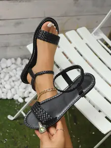 Women's Plain Color Chain Decorated Slingback Sandals, Leather Sandals, Casual Comfortable Flat Sandals for Summer, Lightweight Breathable Shoes for Daily Wear, Ankle Strap Sandals, Open Toe Sandals, Casual Daily Footwear