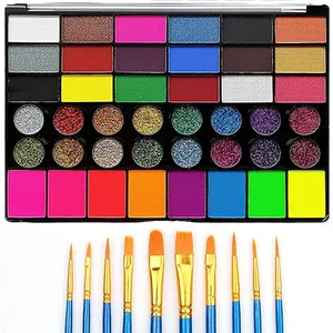 42 Color Face Paint Set + 10 Brushes, Shimmer Body Makeup Kit, Water-Soluble High Pigment Cosmetic Pigments, Perfect for Halloween & Parties