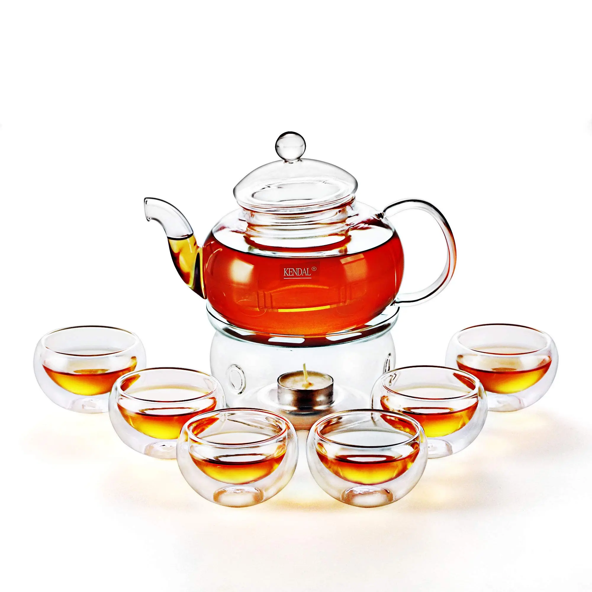 Kendal 27 oz Glass Teapot Set with Infuser, Candle Warmer, and 6 Double Wall Cups - Borosilicate Filter for Blooming & Loose Leaf Tea - Sturdy, Spout