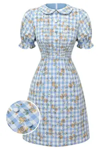 RETROSTAGE Women's 1960s Blue Puff-Sleeve Floral Plaid Gingham Print Dress - Light Polyester Fabric, Rose Accents, Cute Korean-Style Casual Button-Up, Lady-Focused Aesthetic